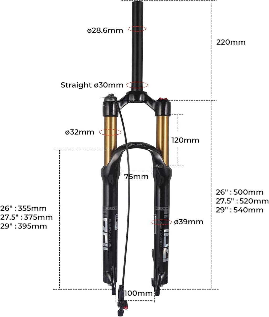 BOLANY - Horquilla de suspensión para bicicleta de 27,5/29 pulgadas, 120 mm, recorrido, 28,6 mm x 220 mm, dirección recta sin rosca, 9 mm, QR, 100 mm, versión de freno de disco de separación MTB