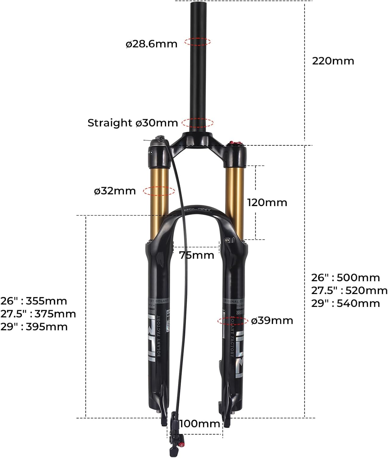 BOLANY - Horquilla de suspensión para bicicleta de 27,5/29 pulgadas, 120 mm, recorrido, 28,6 mm x 220 mm, dirección recta sin rosca, 9 mm, QR, 100 mm, versión de freno de disco de separación MTB