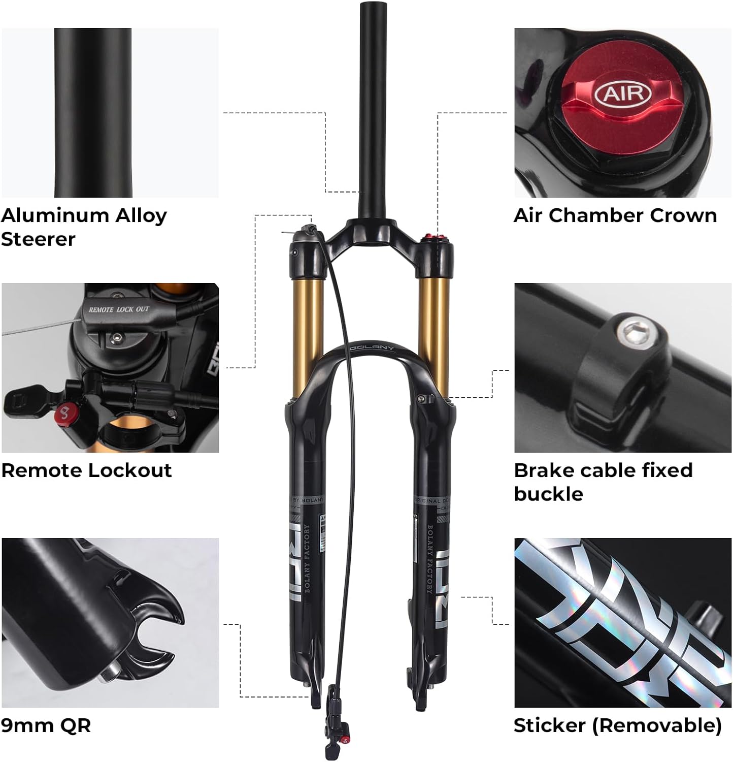 BOLANY - Horquilla de suspensión para bicicleta de 27,5/29 pulgadas, 120 mm, recorrido, 28,6 mm x 220 mm, dirección recta sin rosca, 9 mm, QR, 100 mm, versión de freno de disco de separación MTB
