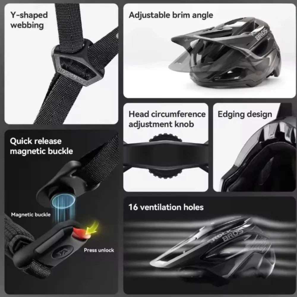 Casco Con Visera Extraible Rockbros Negro Brilloso
