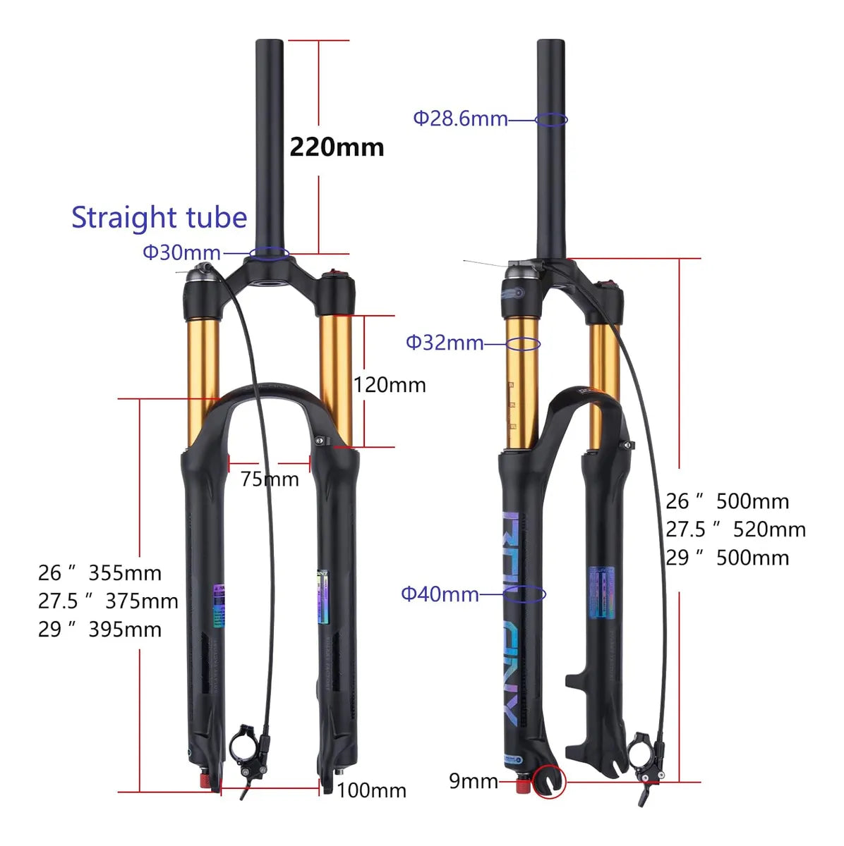 Bolany Horquilla De Aire Dorada Rodado 26 Recto 120mm Mando Dorado