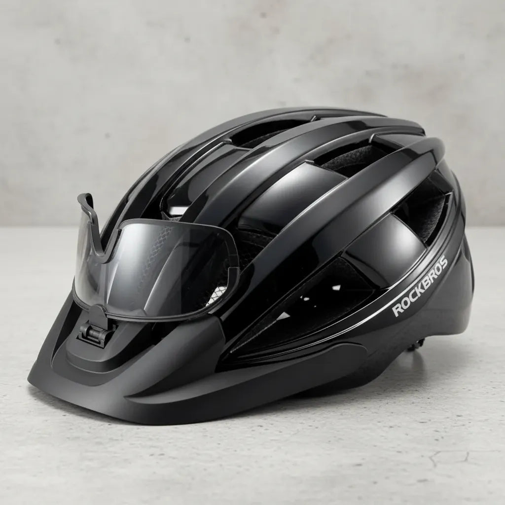Casco Para Ciclismo Negro Rockbros Lentes Visera Luz Trasera