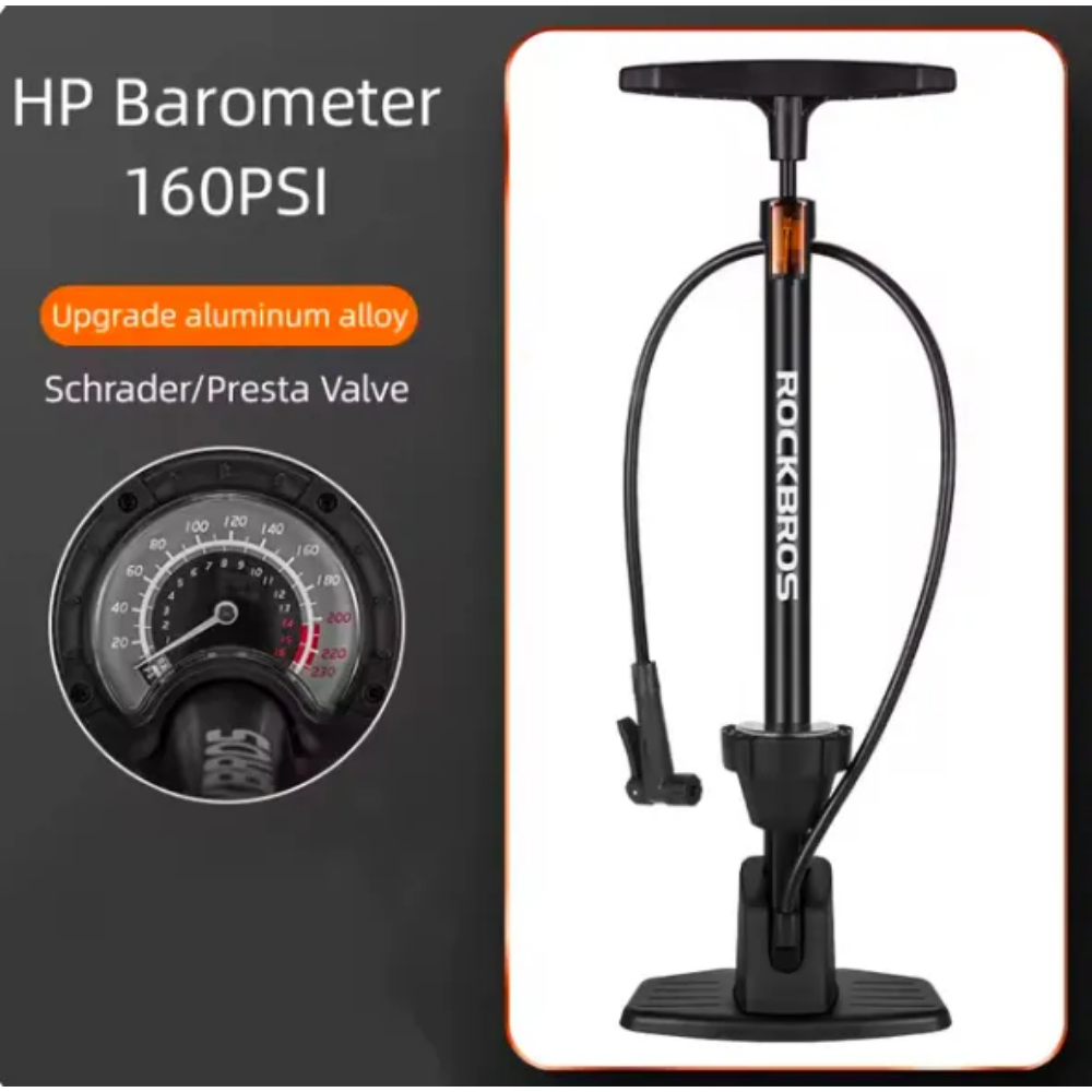 Bomba De Piso Con Manometro Para Bici Rockbros De Aluminio Negro
