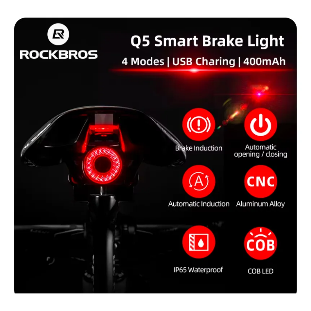 Luz Trasera Con Sensor Freno Inteligente Rockbros 60lm Negro